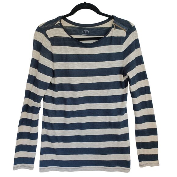 LOFT Tops - Loft Stripe Shirt Tan Black Wide Stripe Pullover Zip on Shoulder Detail Womens M